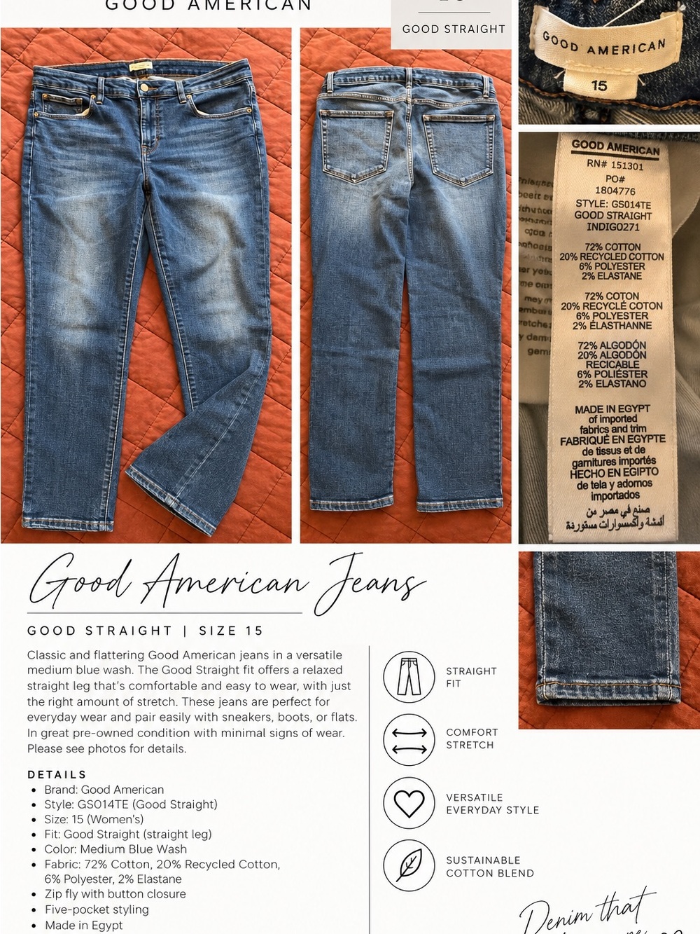 Good American Good Straight Jeans - Medium Blue Wash (Size 15)